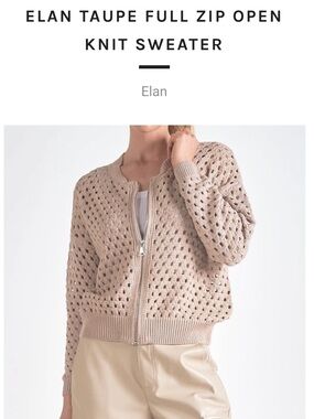 Elan taupe full zip open knit sweater small